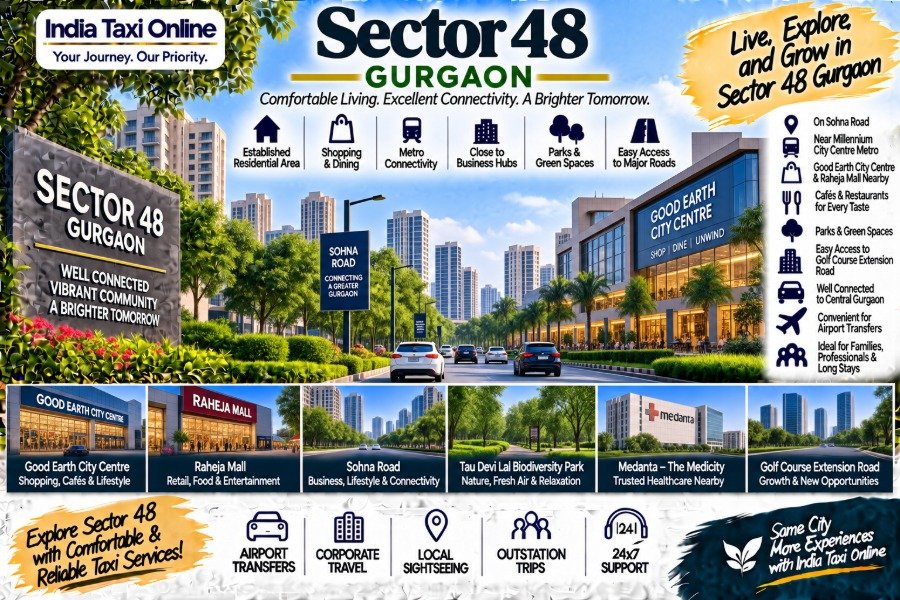 Explore Sector 48 Gurgaon with Sohna Road, nearby attractions, shopping, healthcare, metro options, local travel tips and taxi services.