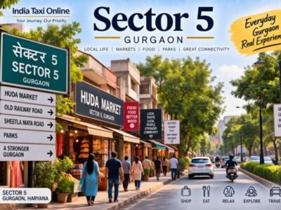 Sector 5 Gurgaon local market and residential street with shops, trees and pedestrians