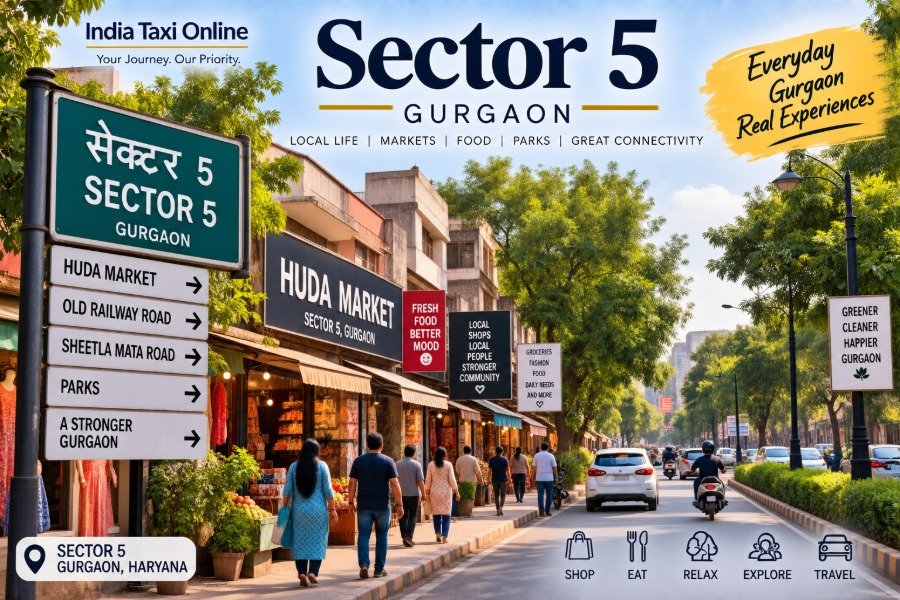 Sector 5 Gurgaon local market and residential street with shops, trees and pedestrians