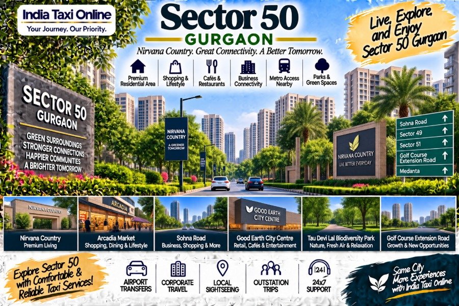 Sector 50 Gurgaon with residential communities, green streets, Sohna Road and modern city surroundings