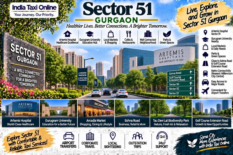 Sector 51 Gurgaon with residential buildings, green streets, Artemis Hospital and modern city connectivity