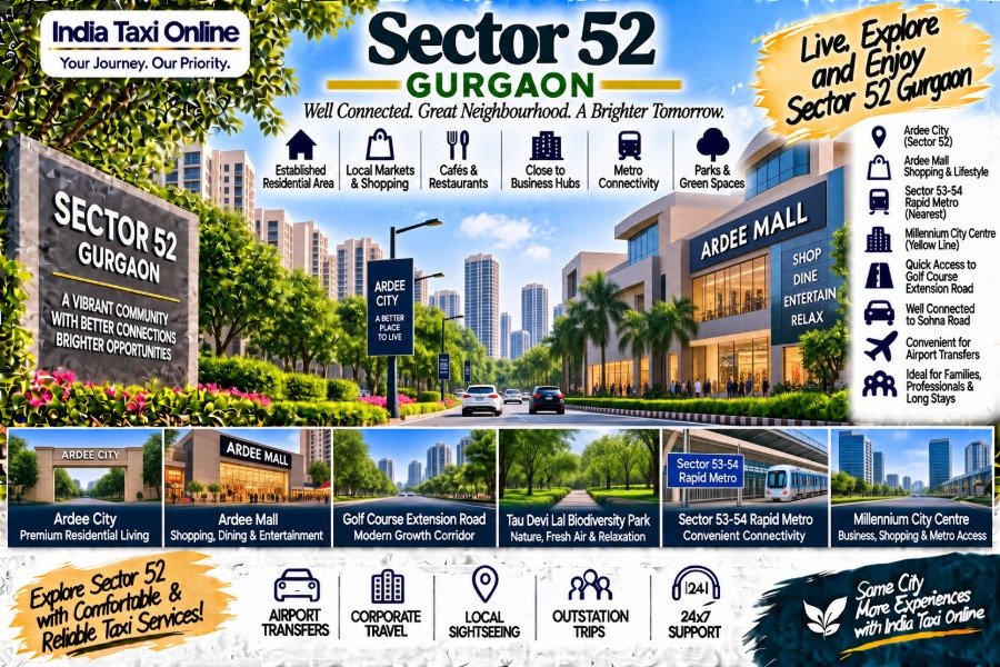 Sector 52 Gurgaon with Ardee City, green residential streets, modern buildings and metro connectivity
