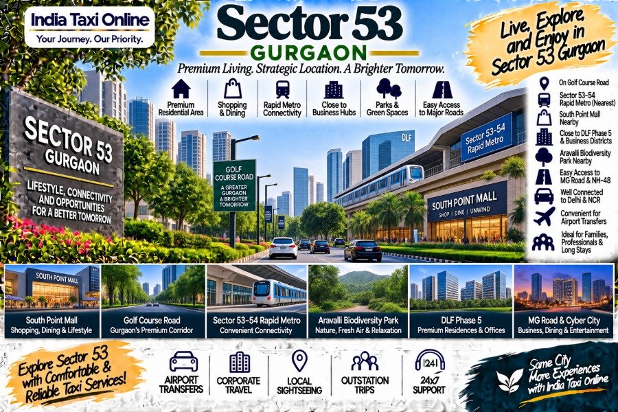 Explore Sector 53 Gurgaon with Golf Course Road, Rapid Metro, South Point Mall, DLF Phase 5, Aravalli Biodiversity Park and taxi travel options.