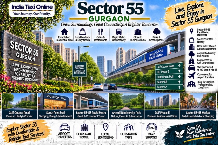Sector 55 Gurgaon with Golf Course Road, Rapid Metro, residential communities and green surroundings