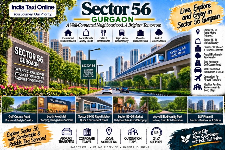 Sector 56 Gurgaon with Golf Course Road, Rapid Metro, residential communities and green surroundings