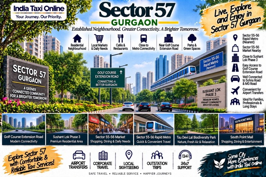 Sector 57 Gurgaon with Sushant Lok Phase 3, green residential streets, modern buildings and metro connectivity