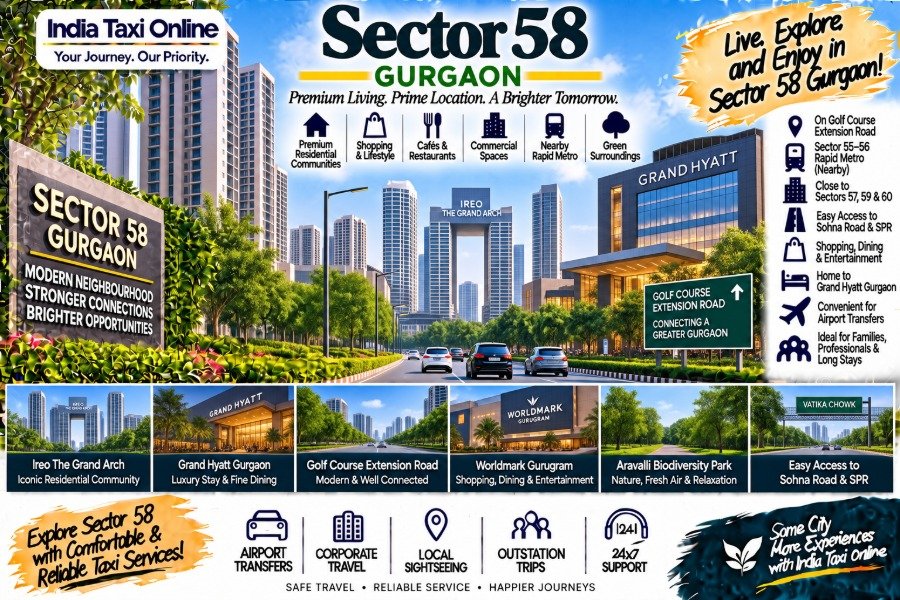Sector 58 Gurgaon with modern residential towers, Golf Course Extension Road, Rapid Metro access and green surroundings