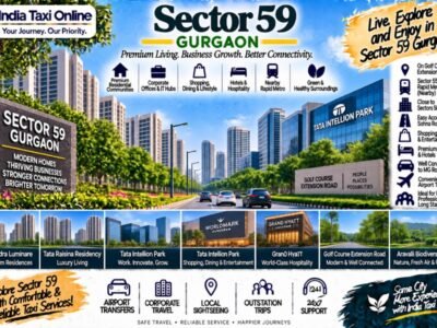 Sector 59 Gurgaon – Golf Course Extension Road & Travel Guide Sector 59 Gurgaon with modern residential towers, Golf Course Extension Road, commercial buildings and green surroundings