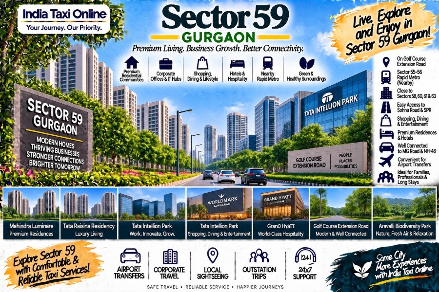 Sector 59 Gurgaon with modern residential towers, Golf Course Extension Road, commercial buildings and green surroundings