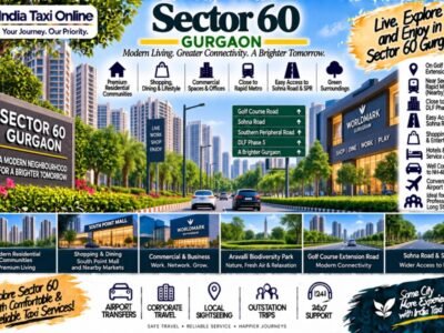 Sector 60 Gurgaon – Golf Course Extension Road & Travel Guide Sector 60 Gurgaon with modern residential towers, Golf Course Extension Road, commercial buildings and green surroundings