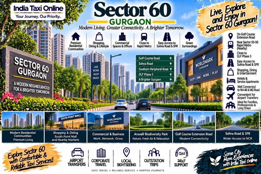 Sector 60 Gurgaon with modern residential towers, Golf Course Extension Road, commercial buildings and green surroundings