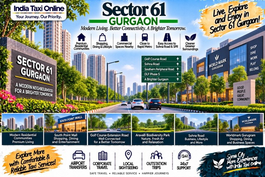Sector 61 Gurgaon with modern residential towers, Golf Course Extension Road, commercial buildings and green surroundings