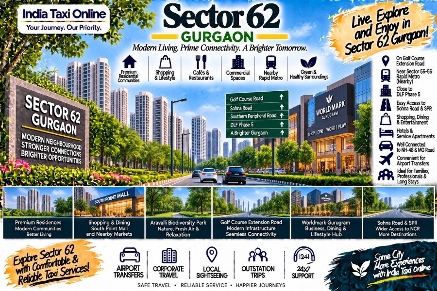 Sector 62 Gurgaon with modern residential towers, Golf Course Extension Road, commercial buildings and green surroundings