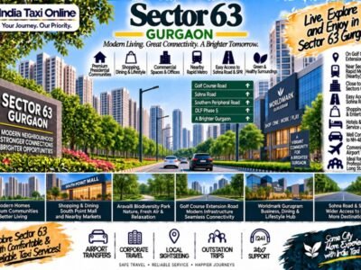 Sector 63 Gurgaon – Golf Course Extension Road & Travel Guide Sector 63 Gurgaon with modern residential towers, Golf Course Extension Road, commercial buildings and green surroundings