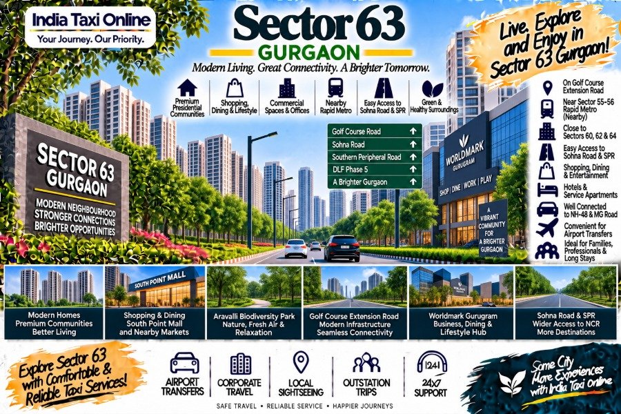 Sector 63 Gurgaon with modern residential towers, Golf Course Extension Road, commercial buildings and green surroundings