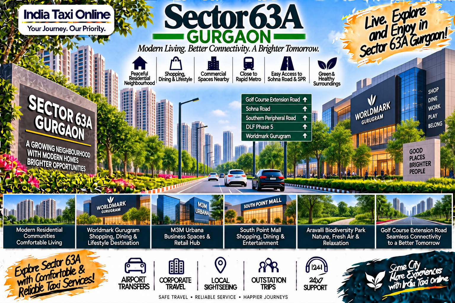 Sector 63A Gurgaon with modern residential towers, Golf Course Extension Road, commercial buildings and green surroundings