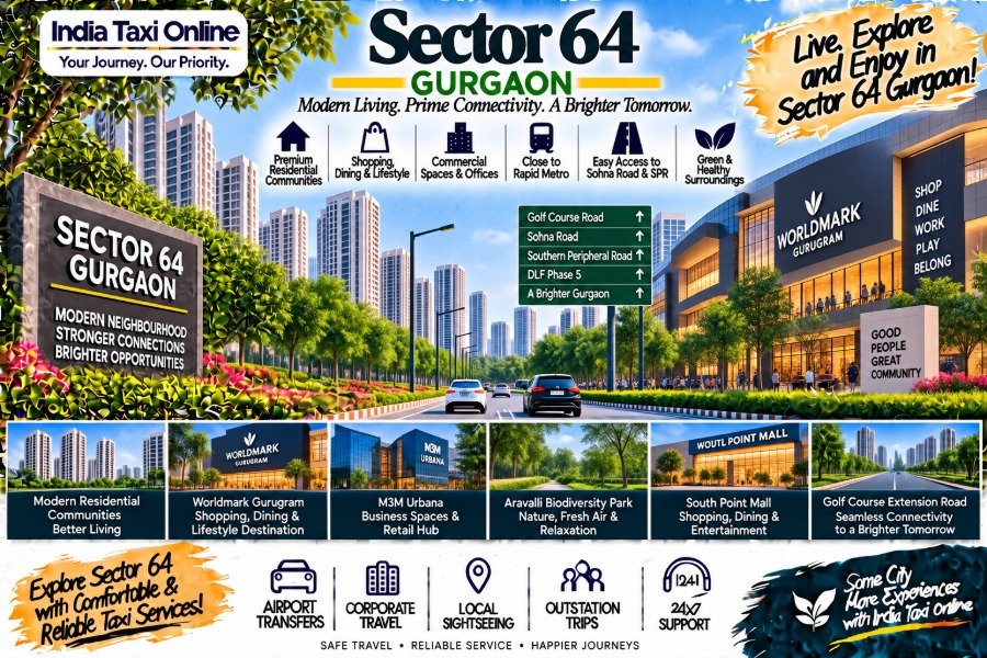 Sector 64 Gurgaon with modern residential towers, Worldmark Gurugram, Golf Course Extension Road and green surroundings