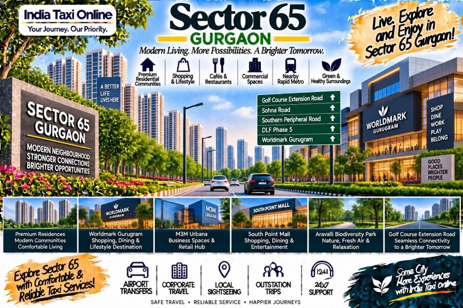 Sector 65 Gurgaon with modern residential towers, Worldmark Gurugram, Golf Course Extension Road and green surroundings