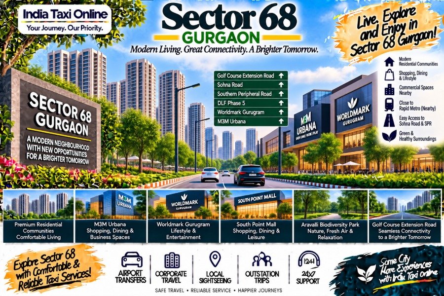 Sector 68 Gurgaon with modern residential towers, Golf Course Extension Road, contemporary buildings and green surroundings