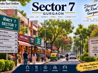 Sector 7 Gurgaon local market and residential street with trees, shops and pedestrians