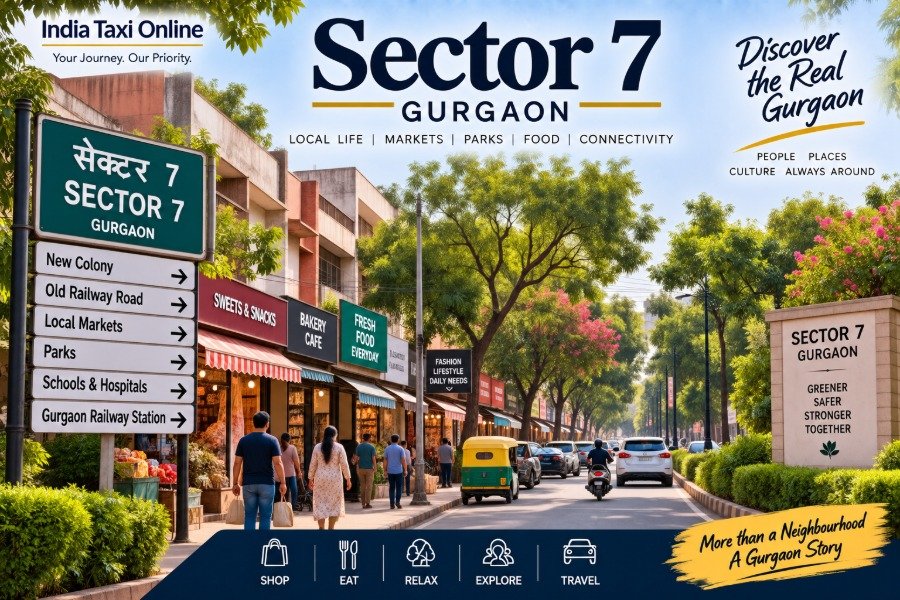 Sector 7 Gurgaon local market and residential street with trees, shops and pedestrians