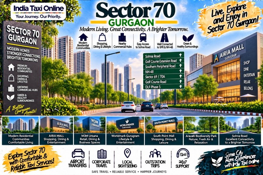Sector 70 Gurgaon with modern residential towers, Sohna Road connectivity, contemporary buildings and green surroundings
