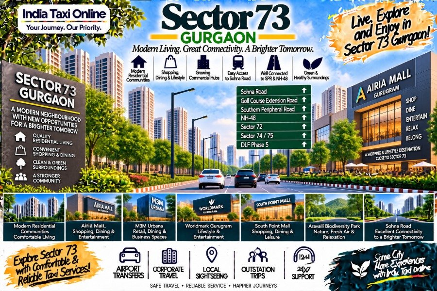 Sector 73 Gurgaon with modern residential towers, Sohna Road connectivity, contemporary buildings and green surroundings