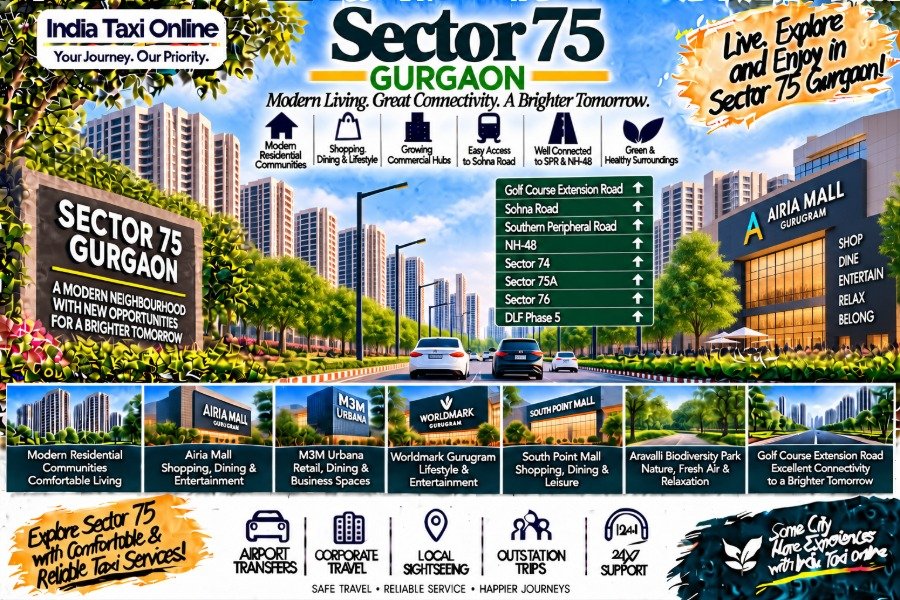 Sector 75 Gurgaon with modern residential towers, Golf Course Extension Road, contemporary buildings and green surroundings