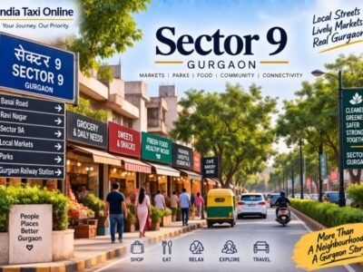 Sector 9 Gurgaon – Local Market and Old Gurgaon Neighbourhood Sector 9 Gurgaon local market and residential street with shops, trees and pedestrians