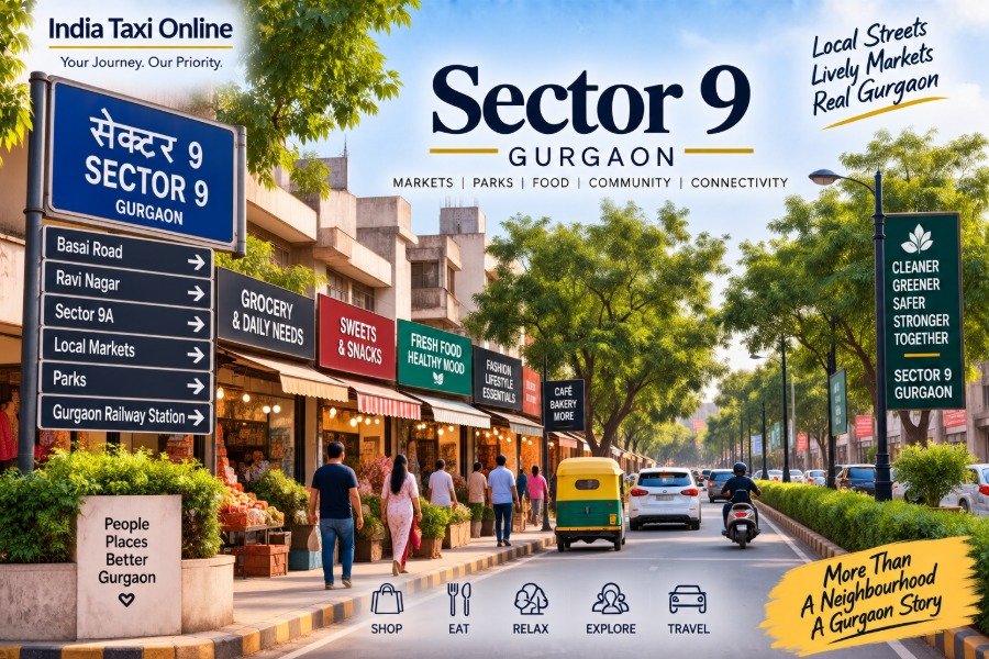 Sector 9 Gurgaon local market and residential street with shops, trees and pedestrians