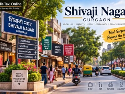 Busy local street in Shivaji Nagar Gurgaon with neighbourhood shops and pedestrians