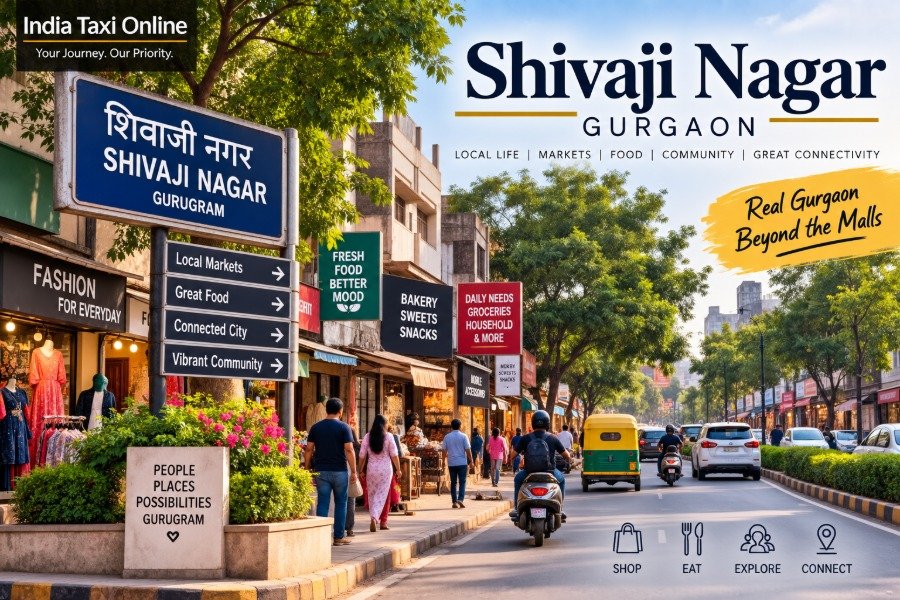 Busy local street in Shivaji Nagar Gurgaon with neighbourhood shops and pedestrians