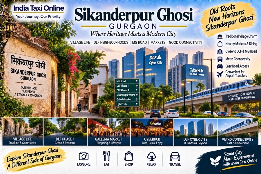 Sikanderpur Ghosi Gurgaon village streets with modern DLF Gurgaon skyline