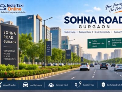 Sohna Road Gurgaon with modern buildings, landscaped road and traffic