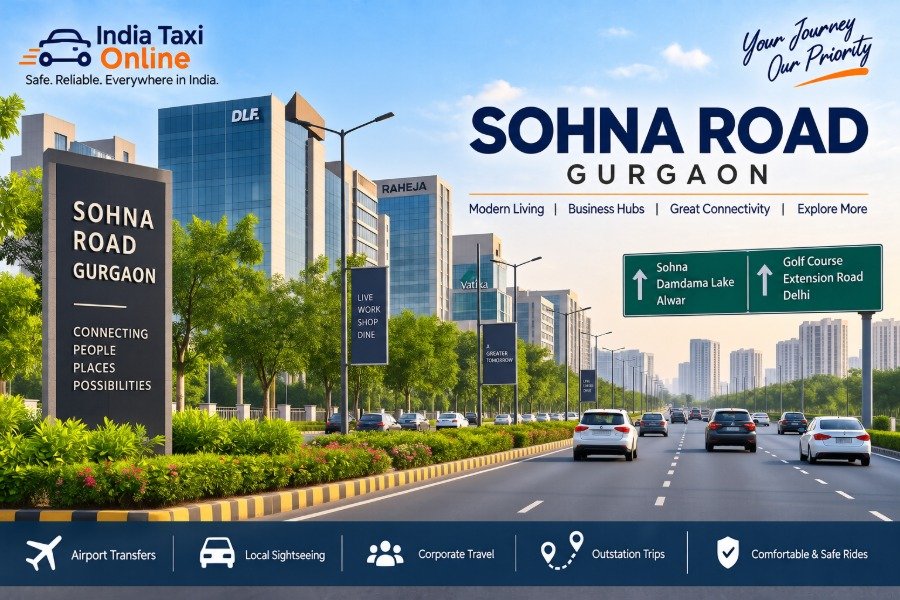 Sohna Road Gurgaon with modern buildings, landscaped road and traffic