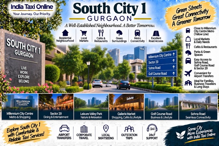 South City 1 Gurgaon with green residential streets, local markets and nearby city landmarks