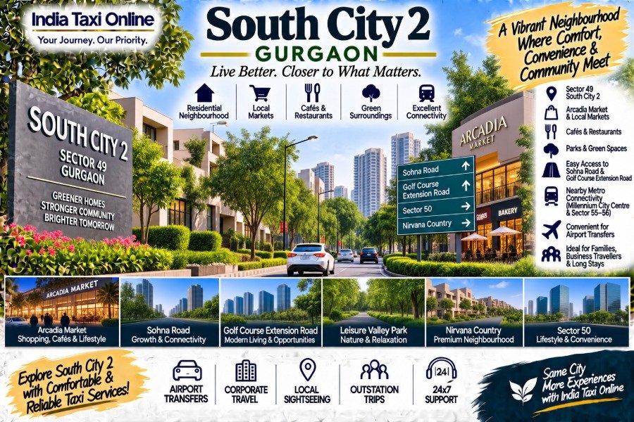 South City 2 Gurgaon with green residential streets, local markets and nearby city roads