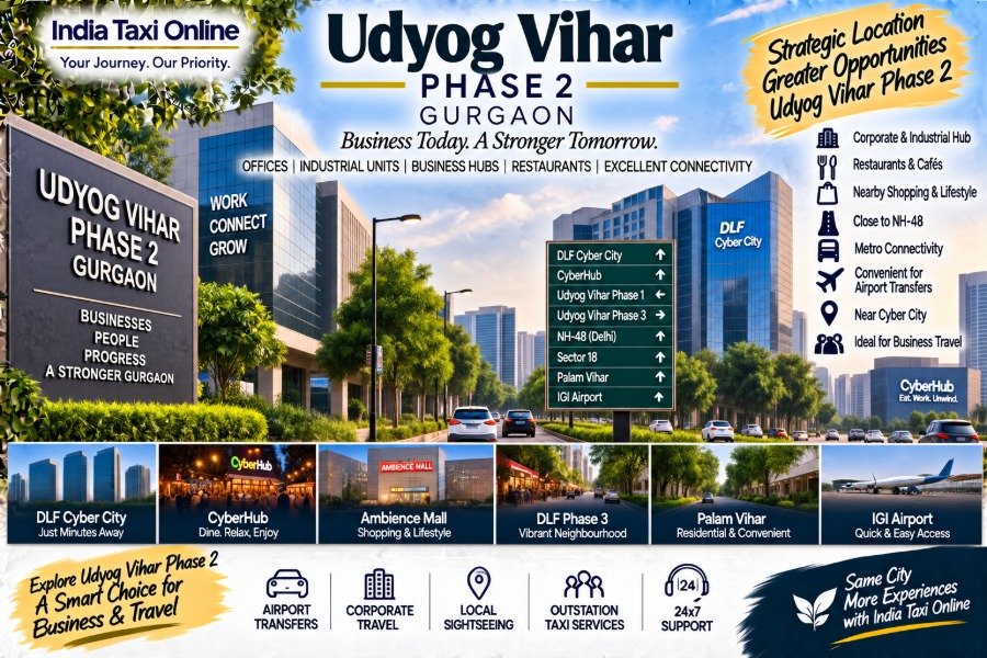Udyog Vihar Phase 2 Gurgaon business district with offices, roads and modern skyline