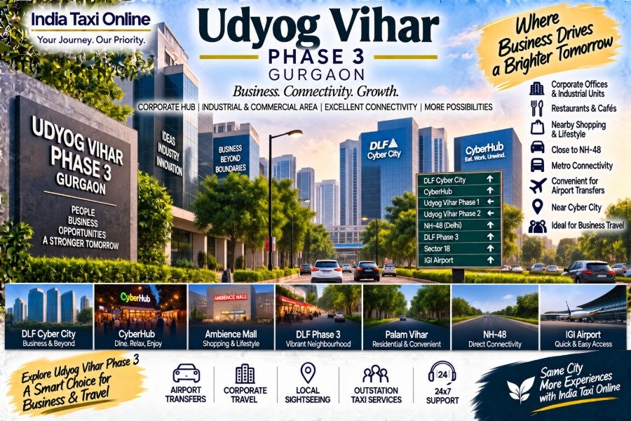Udyog Vihar Phase 3 Gurgaon business district with offices, roads and modern skyline