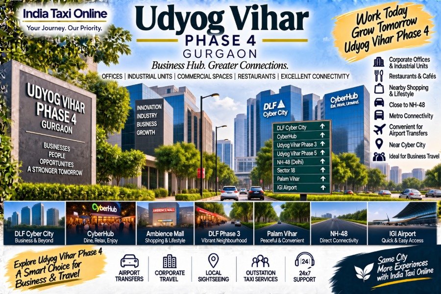 Udyog Vihar Phase 4 Gurgaon business district with offices, roads and modern skyline