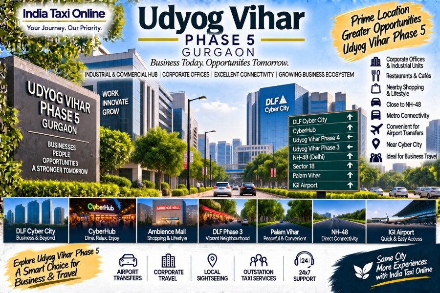 Udyog Vihar Phase 5 Gurgaon business district with offices, roads and modern skyline