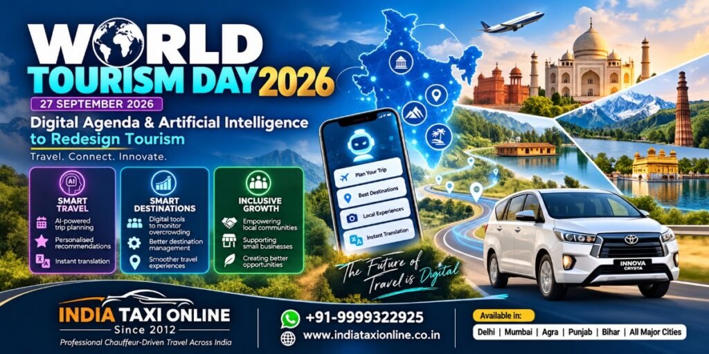 India Taxi Online 1 World Tourism Day 2026 banner featuring AI-powered smart travel, digital tourism, Indian destinations, and India Taxi Online chauffeur-driven travel services.