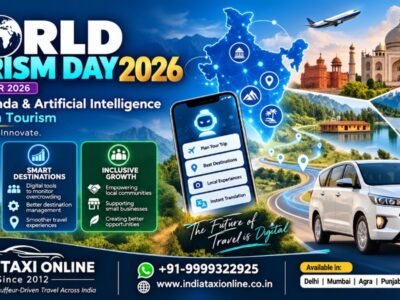World Tourism Day 2026 – AI and Digital Tourism World Tourism Day 2026 banner featuring AI-powered smart travel, digital tourism, Indian destinations, and India Taxi Online chauffeur-driven travel services.